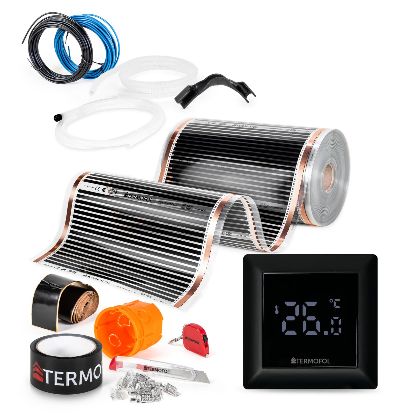 Termofol Elektryczne ogrzewanie podłogowe folia grzewcza 230 V – z termostatem H6 czarna – moc 220 W/m² – powierzchnia 8 m² – ogrzewanie podłogowe, kompletny zestaw do ogrzewania podłogowego,