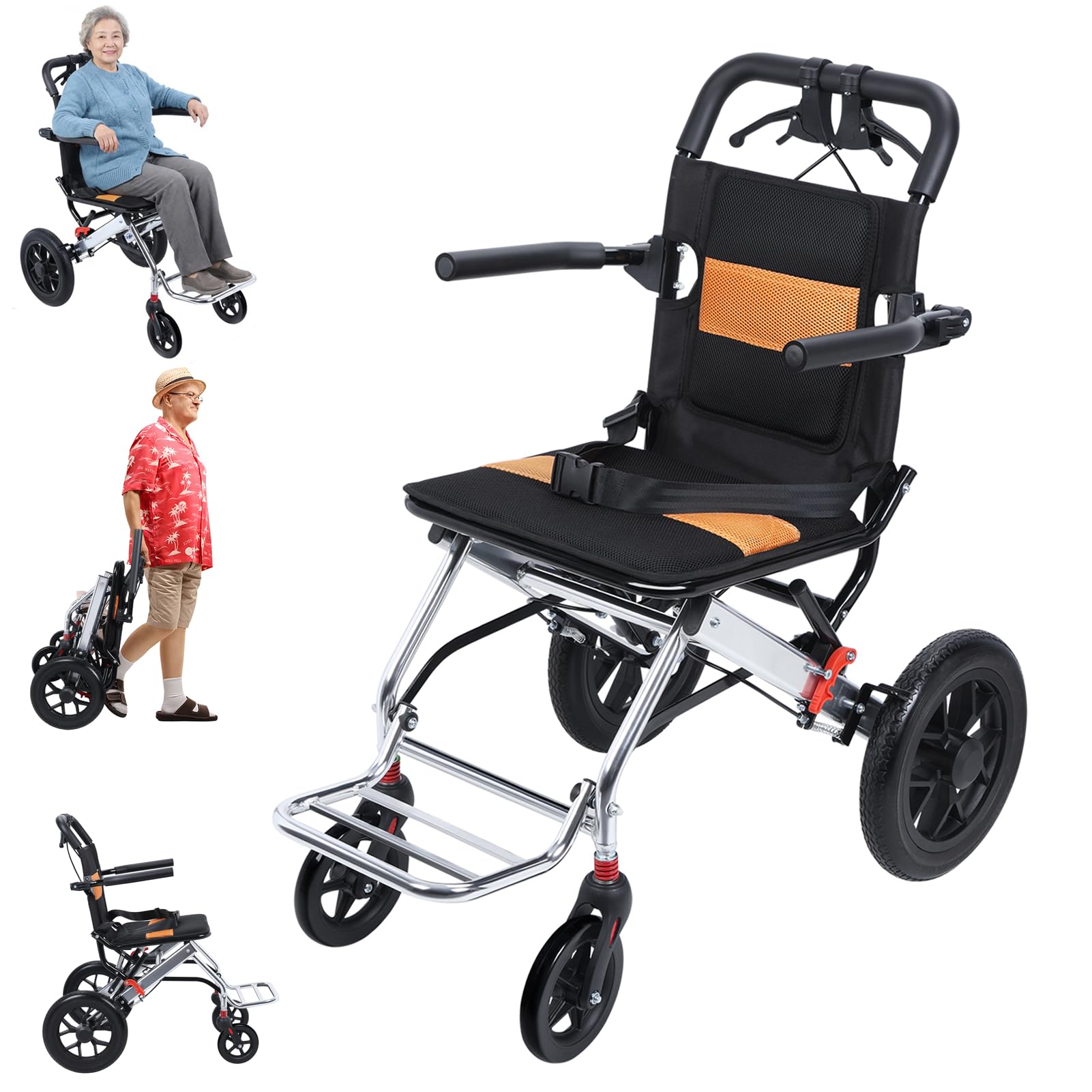 Silla de ruedas para adultos, silla de ruedas ligera y plegable, silla de viaje para puerta estrecha, silla de ruedas portátil con marco de aluminio con asiento de 15.75 pulgadas, freno de mano