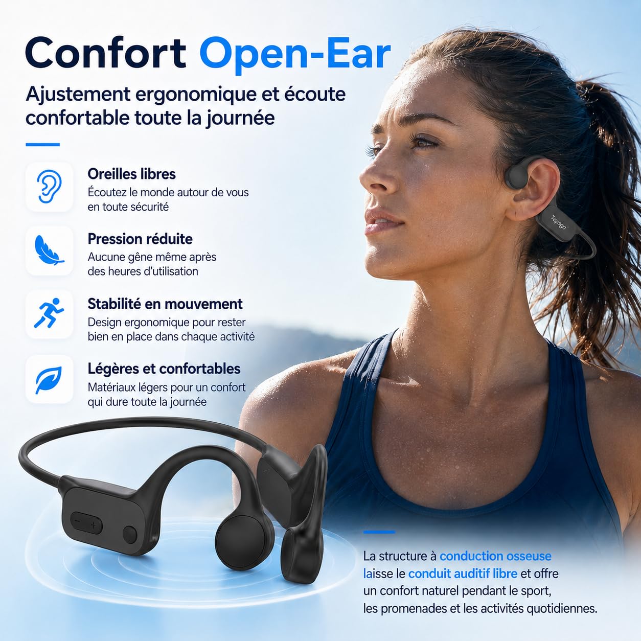 Tayogo Casque Natation Conduction Osseuse IPX8, Lecteur MP3 Étanche 32 Go avec Bluetooth 5.4, Écouteurs Open-Ear Sport avec Micro, Piscine, Mer, Triathlon, Course, Fitness, W26