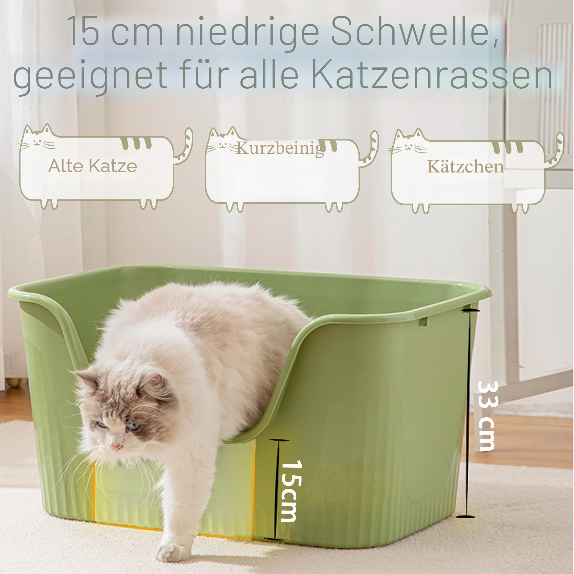 Vealind Extra große Katzentoilette mit hohen Seiten und niedrigem Einstieg, 64 x 45 x 33 cm, 100% auslaufsicher, Anti-Spritzer, XL (Grau)