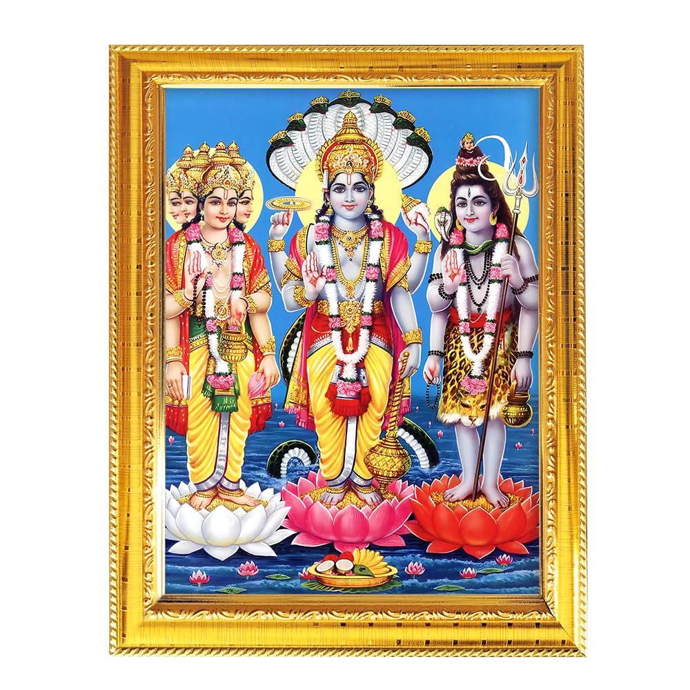 Fashnkart Shri Brahma Vishnu Mahesh Tridev Hindu God Photo With Golden Frame Table Wall Pooja Room Worship Religious Spiritual 8.3X6.5