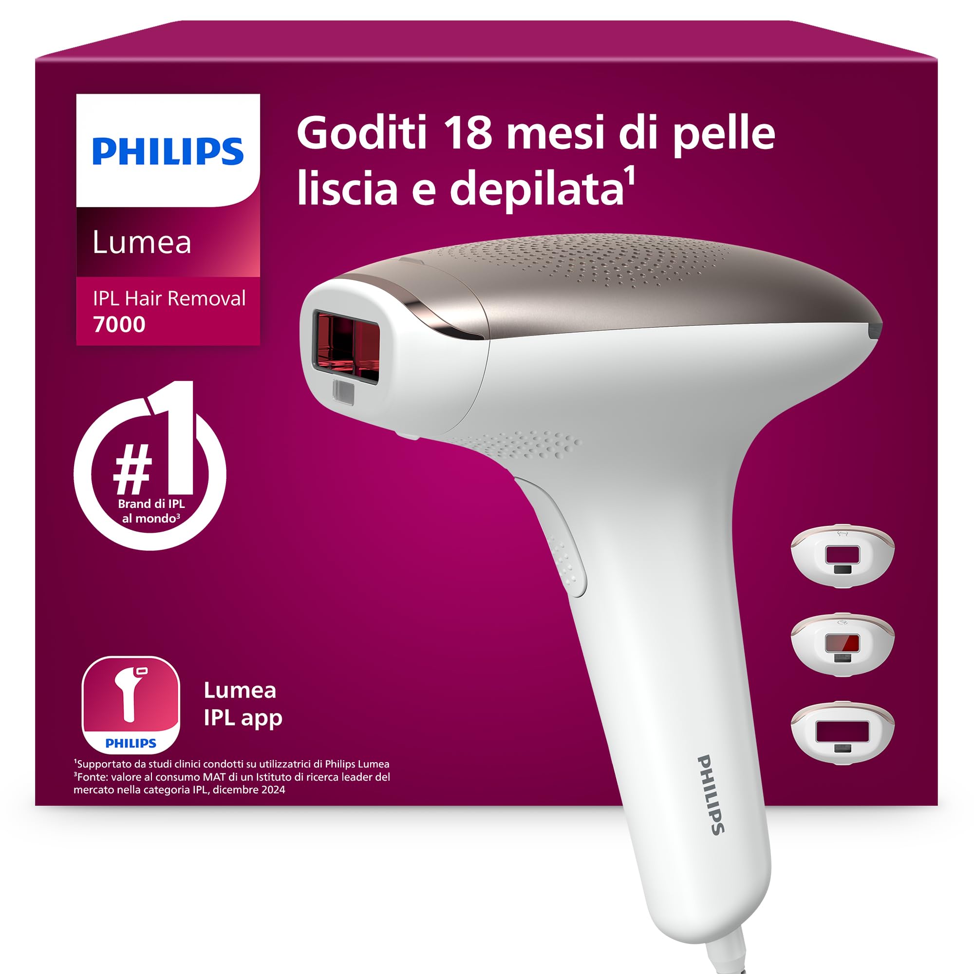 Philips Lumea 7000 Series,dispositivo di epilazione IPL, alternativa ai dispositivi di epilazione laser, 3 accessori per viso, corpo e zona bikini, modello SC1999/00