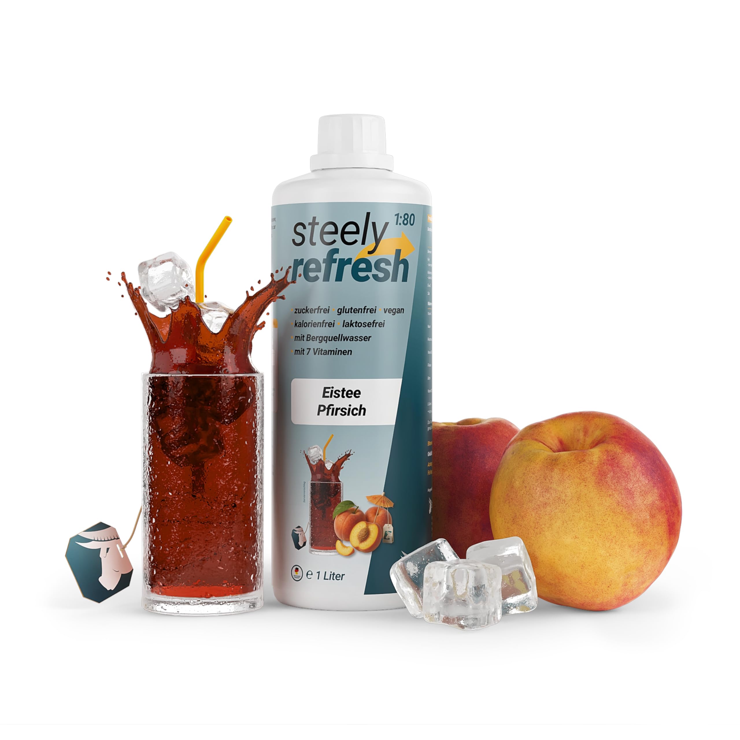 STEELY SPORTS Getränkesirup | SteelyRefresh Geschmack: Eistee-Pfirsich | Sirup zuckerfrei mit Vitaminen | 1 Liter Flasche für bis zu 80L Getränk | Sportgetränk für Wassersprudler