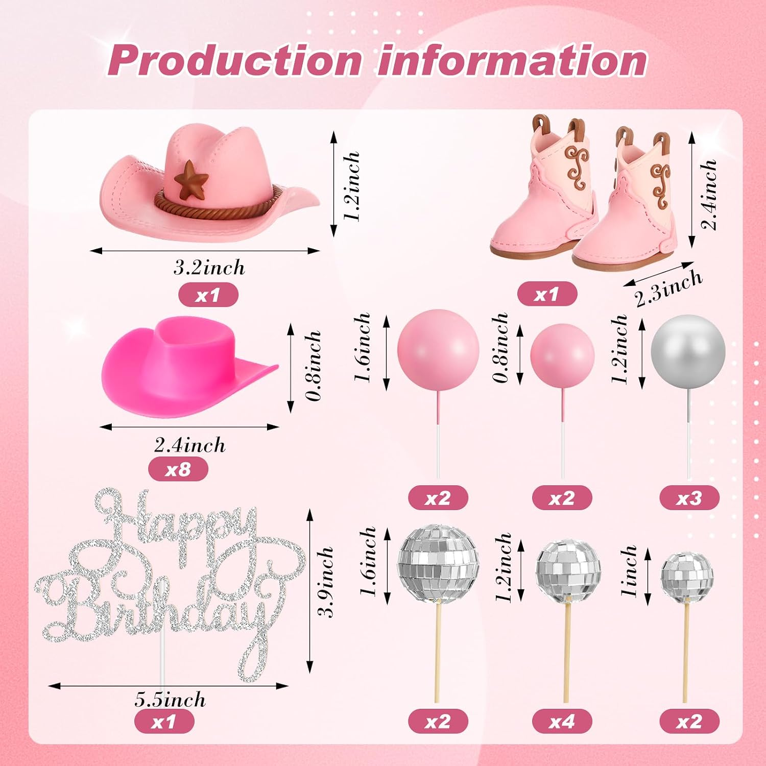RoundFunny 26pcs Cowgirl Cake Topper Western Hat Boot Disco Ball Cake Decor image 2