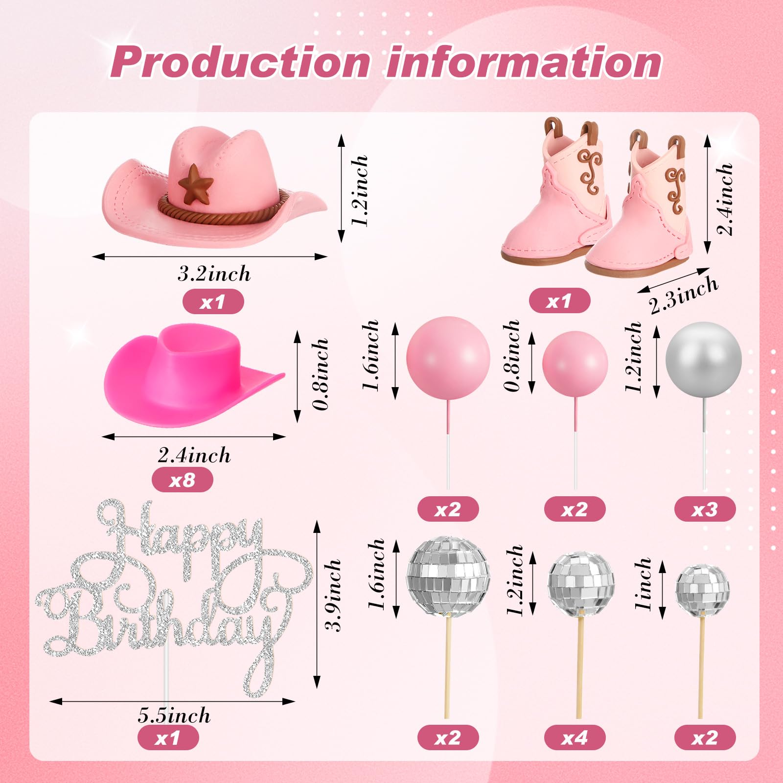RoundFunny 26 Pcs Cowgirl Cake Decorations Cowgirl Cake Topper Disco Decorations Hat Topper Western Cowboy Birthday Baby Shower for Western Theme Party Supplies(Pink,Cute)