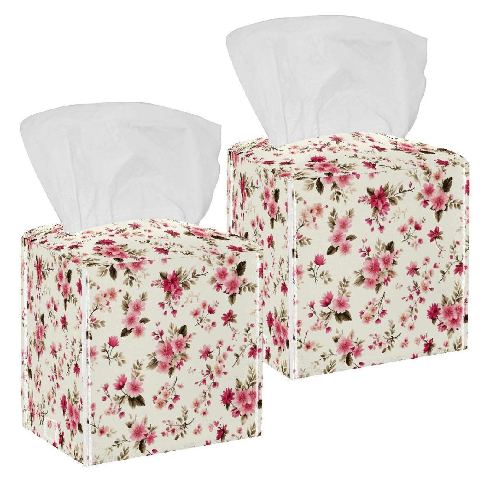 Aesthetic Butterfly Tissue Box Cover, 2 Pack PU Leather Square Facial Tissue Dispenser Box holder for Home Office Car