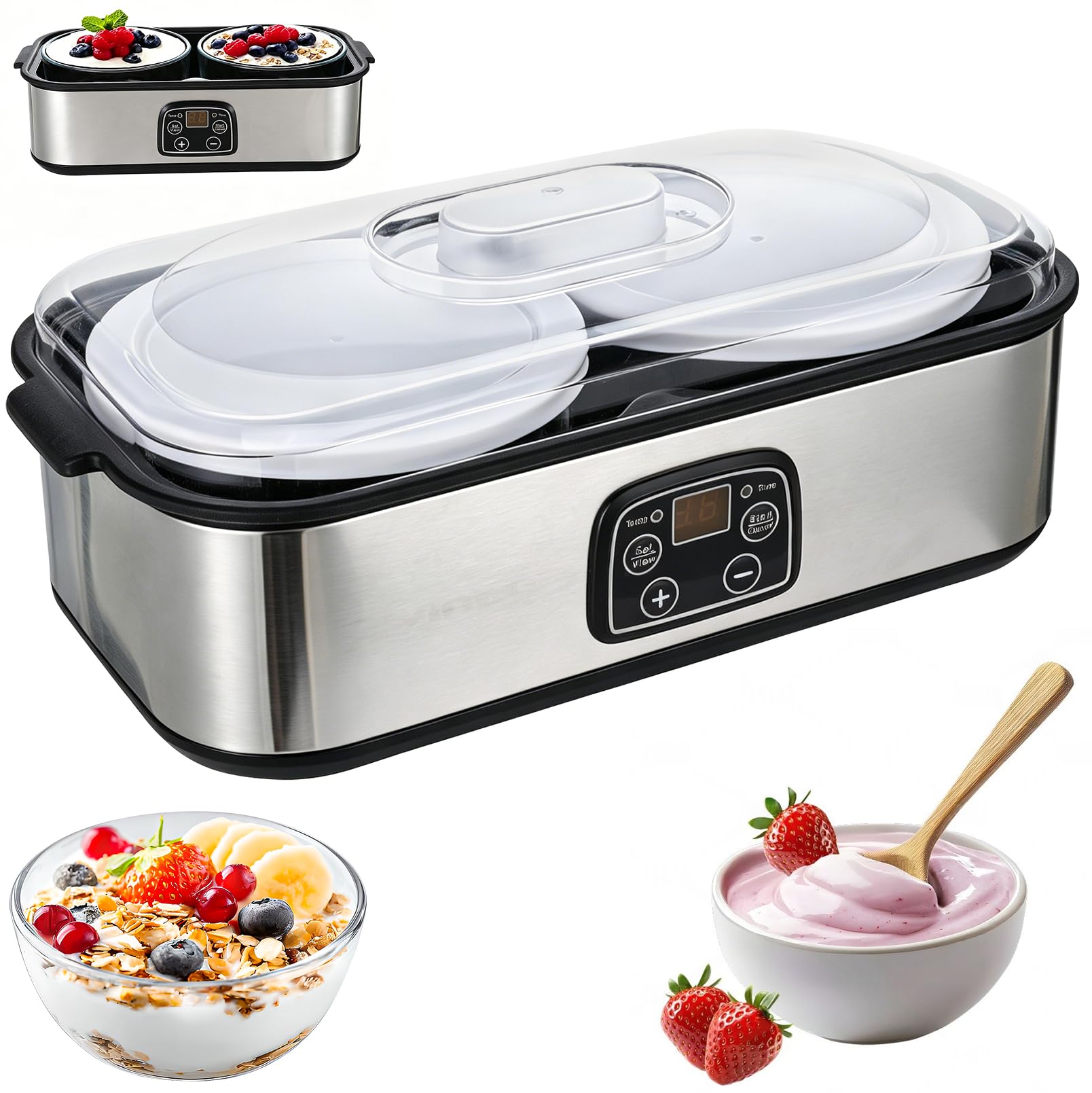 Yogurtera de 2 litros, máquina de yogur con 2 recipientes de cristal | 1000 ml, temperatura ajustable 20 – 55 °C, temporizador 48 H, máquina automática para yogur, productos lácteos, queso