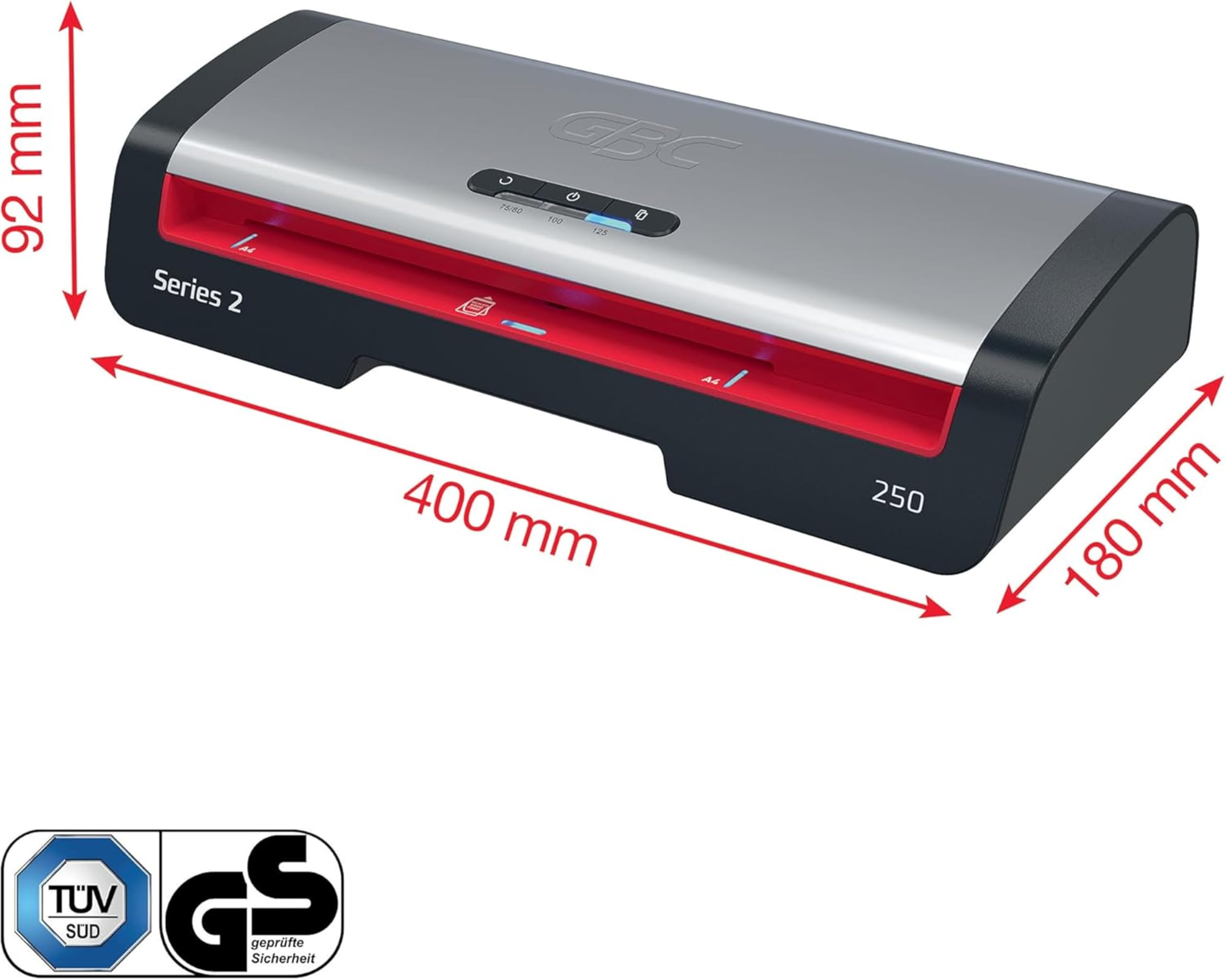GBC 4410070EU - Plastificadora 250 Office A4, Calentamiento Rápido 1 Minuto, 75-125 Micras, LED de Guía de Entrada, Antiatascos, Apagado Automático, Incluye 5 Fundas de Plastificación A4, Negro/Rojo