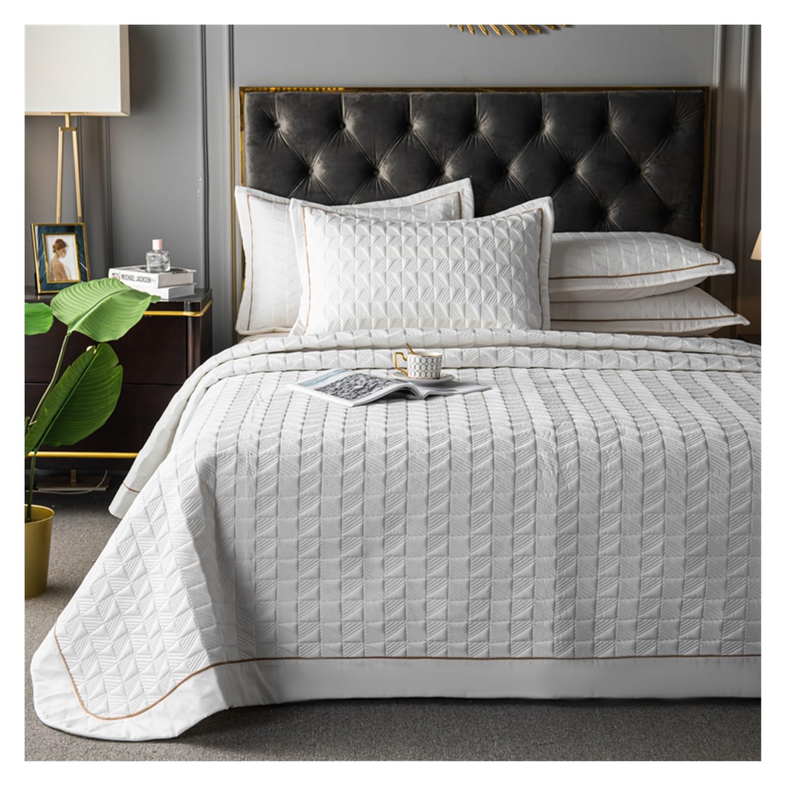 ADovz Set trapunta copriletto con gonna trapuntata in poliestere/cotone, 3 pezzi, copriletto, federe, coperta,Lenzuola