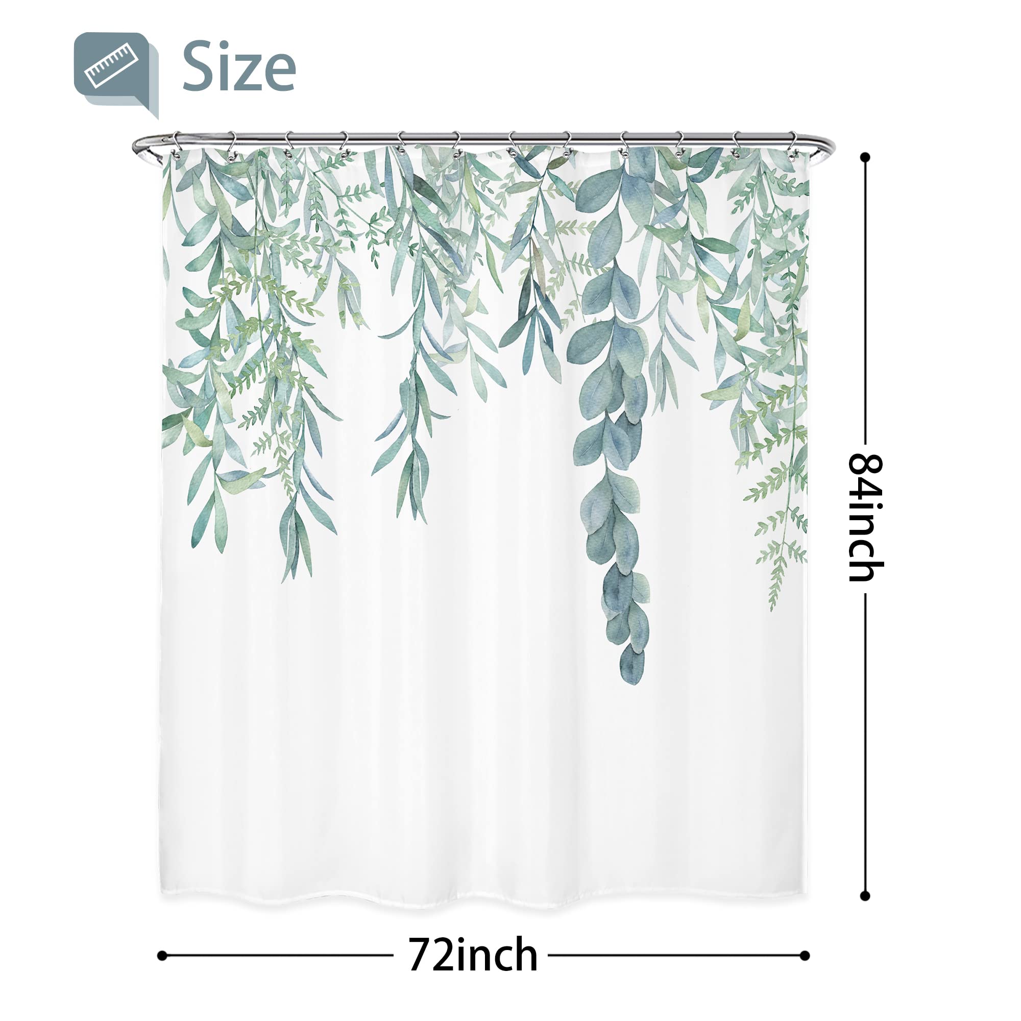 Riyidecor Tenda da doccia con foglie verdi, 183 x 213 cm (larghezza x altezza), pianta acquerello, eucalipto, organico, verde, botanico, accessori per il bagno, in tessuto, impermeabile, decorazione