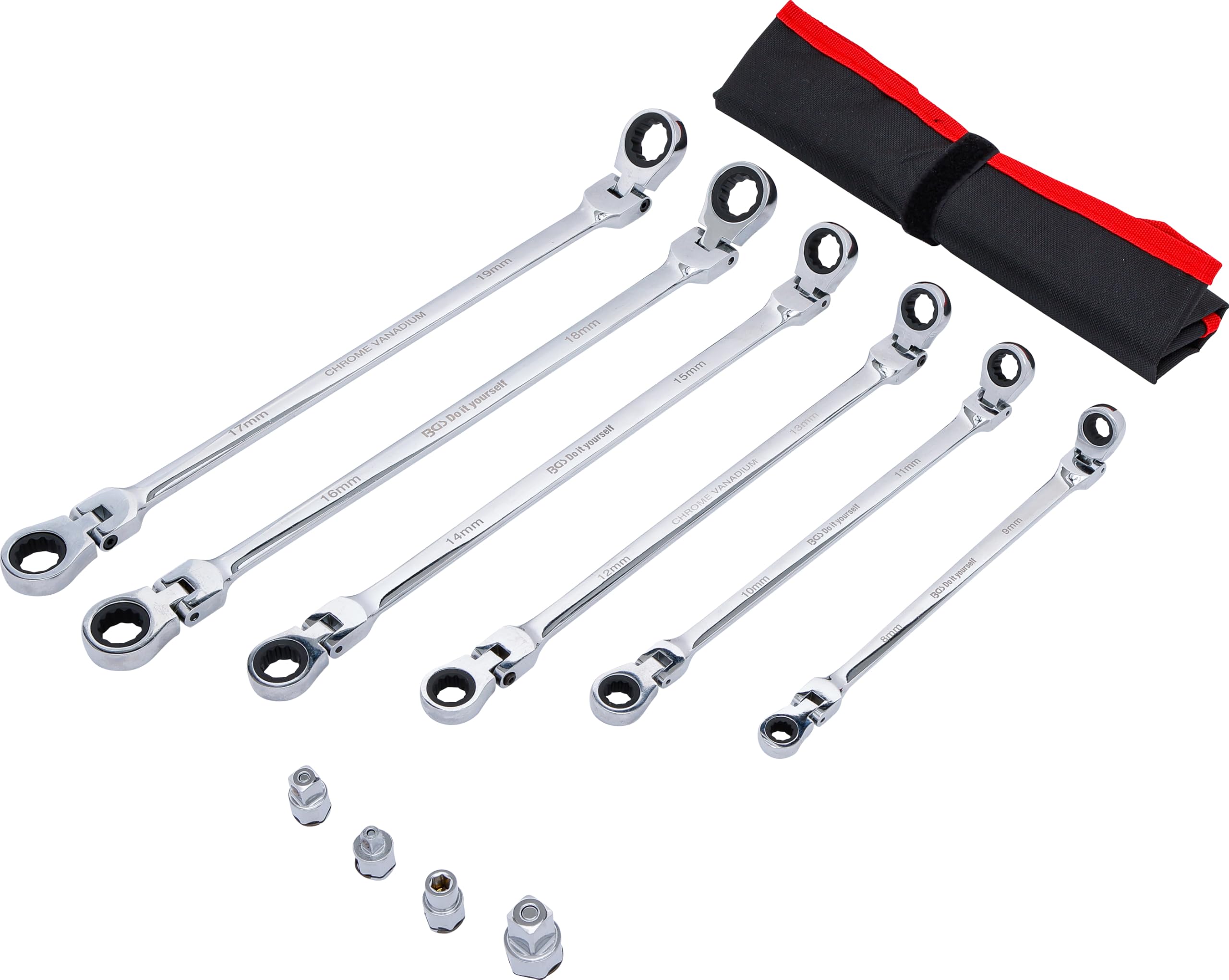 BGS Diy 91541 | Juego de llaves articuladas dobles con carraca | 8 - 19 mm | 10 piezas | Acero al cromo vanadio | 72 dientes | articulación 90° continua | adaptador para llaves de vaso | bolsa enrollable Tetron