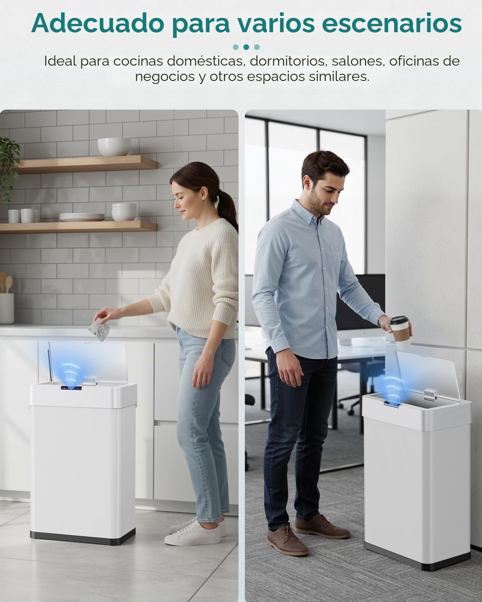 LIFERUN Papelera con sensor, papelera para cocina 60 litros, tapa eléctrica con anillo de sujeción para bolsas de basura, papelera automática sin contacto de acero inoxidable, blanco