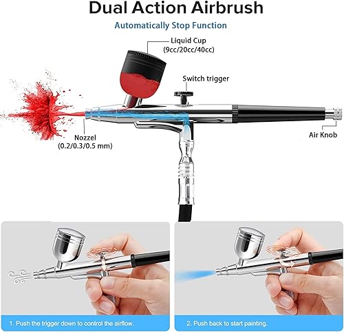 Miniatura 8 de Kit de aerógrafo mejorado de 40 PSI, kit de aerógrafo de doble acción con compresor para pintar, kit de cepillo de aire portátil para pintura de