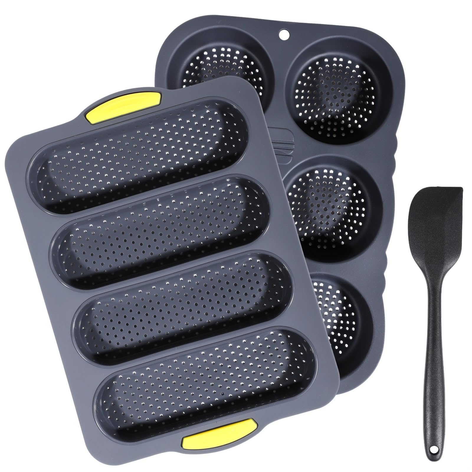 LUMINFLY 3-Piece Silicone Hamburger Bun, and Loaf Pan Set with Scraper, 6-Cup Mold for Baking Homemade Sandwich Breads