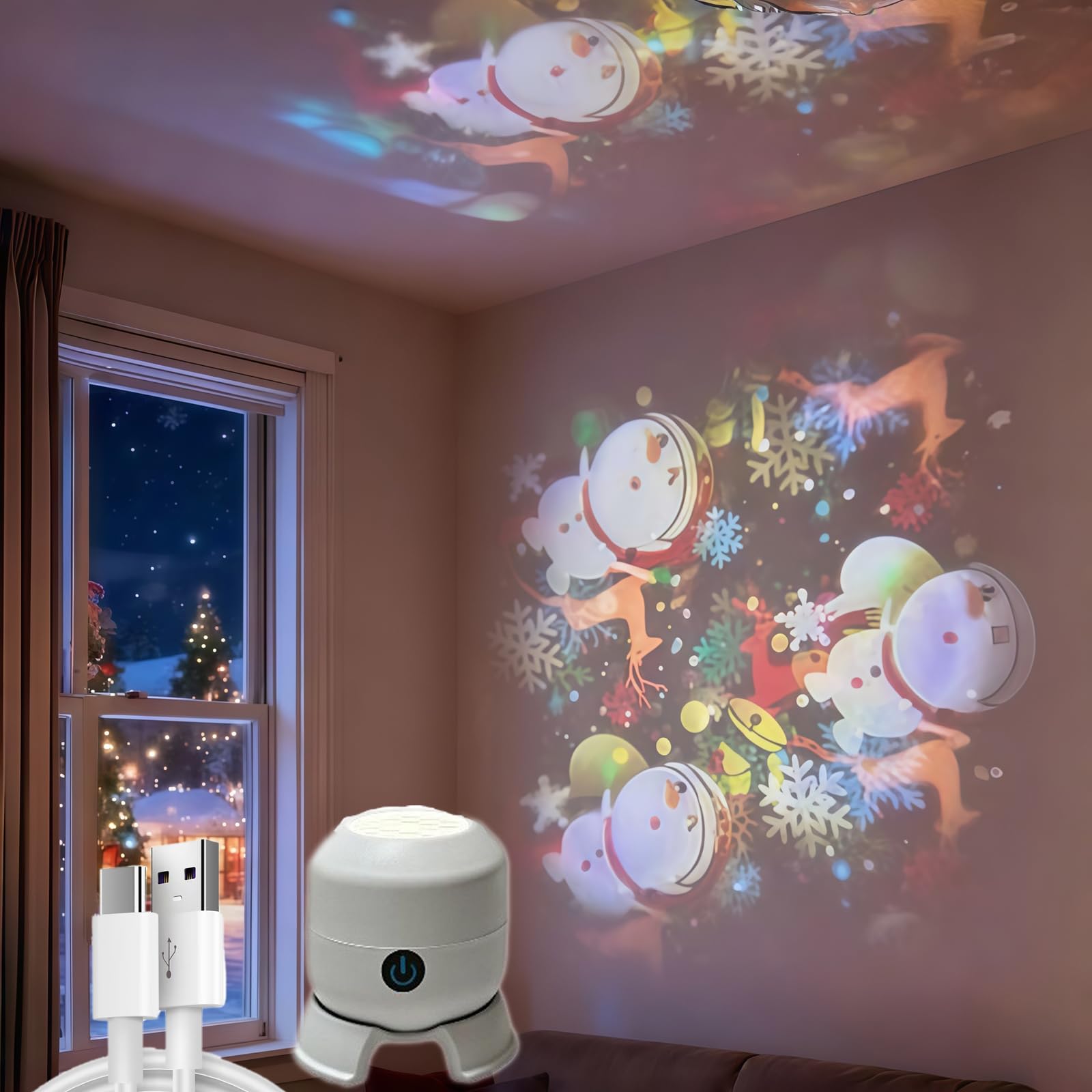 HIDRUO Dynamic Rotating LED Projector Light, Rechargeable Ocean Wave Night Light with 3D Moving Effects, Adjustable Brightness, Ideal for Bedroom, Living Room, Christmas & Party (Christmas Edition)
