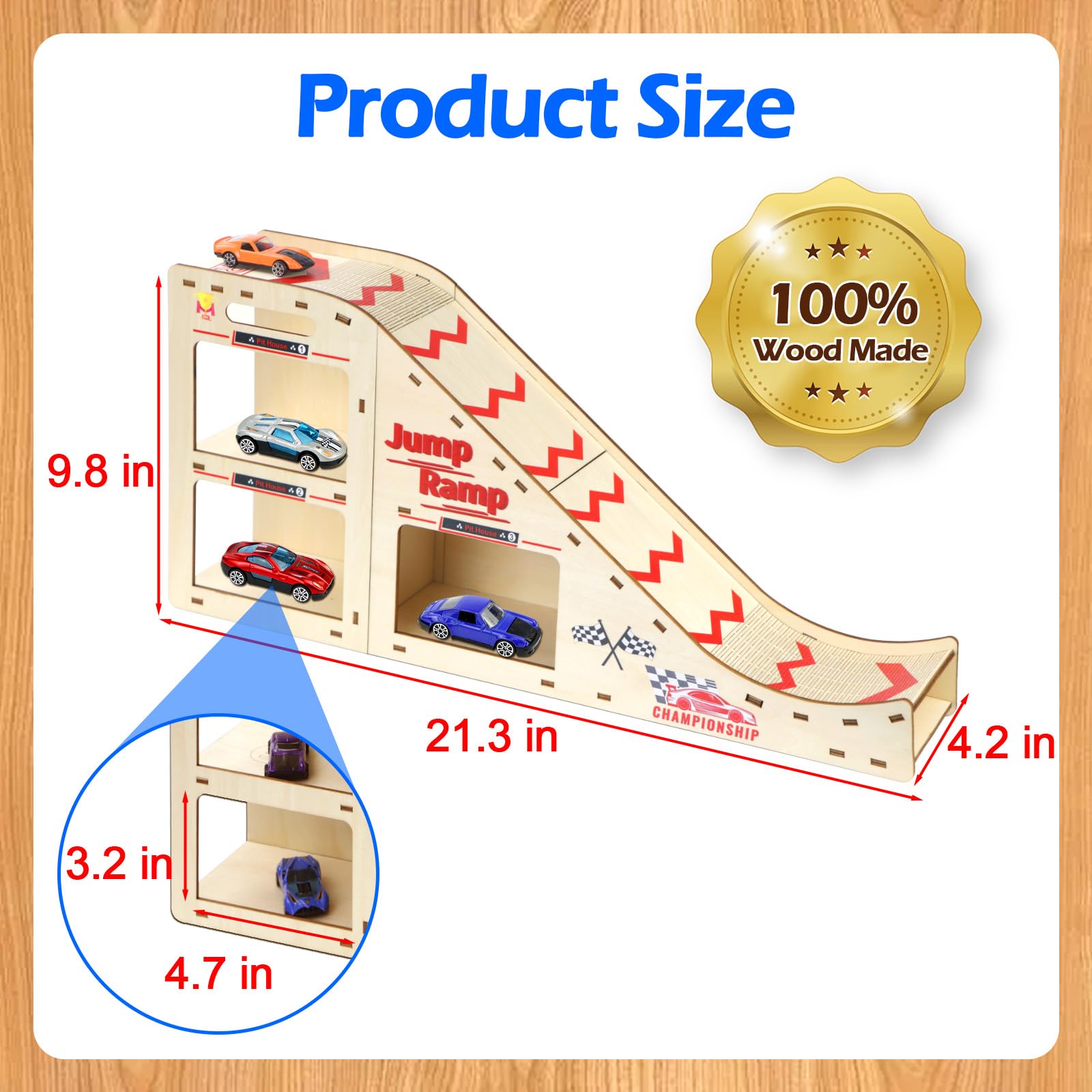 Toy Cars Jump Ramp, Toy Car Track Set for Hot Wheels, Race Cars Track for Hot Wheels and Diecast Cars, Playing/Storage/Display/Race Track Set, Wood Jump Ramp for Hot Wheels Cars and Montessori 02