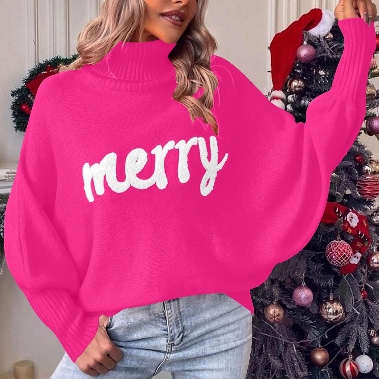 Merry Christmas Sweaters for Women Loose Turtleneck Pullover Sweaters Long Batwing Sleeve Xmas Holiday Jumper Tops