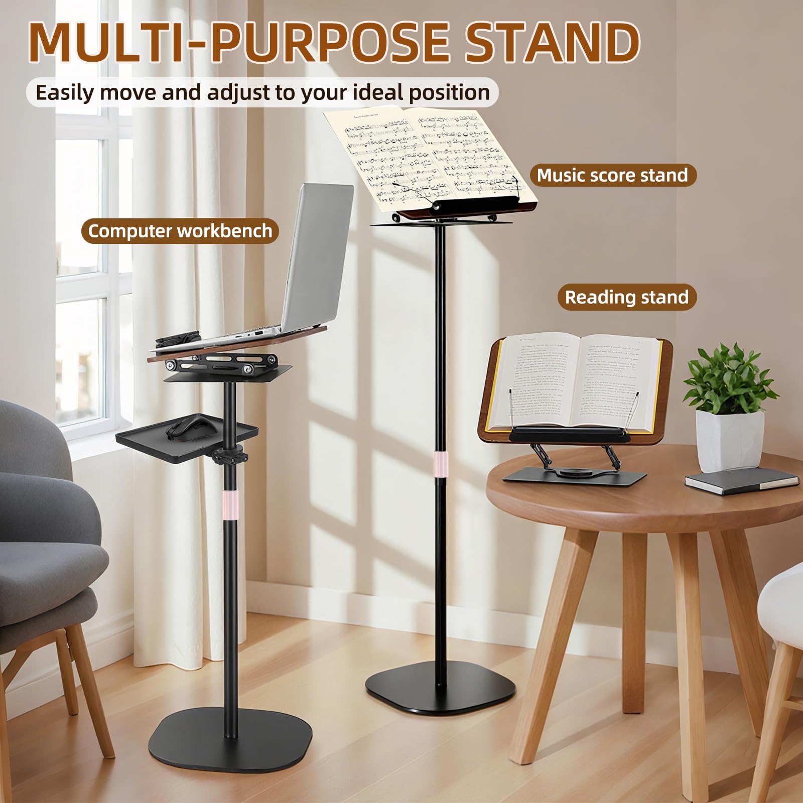 Supporto Regolabile 2 in 1, Supporto per libri con vassoio,Supportos Proiettore,Leggio Musicale,altezza regolabile da 91-119cm, Tavolino Portatile Standing Desk Tavolo,