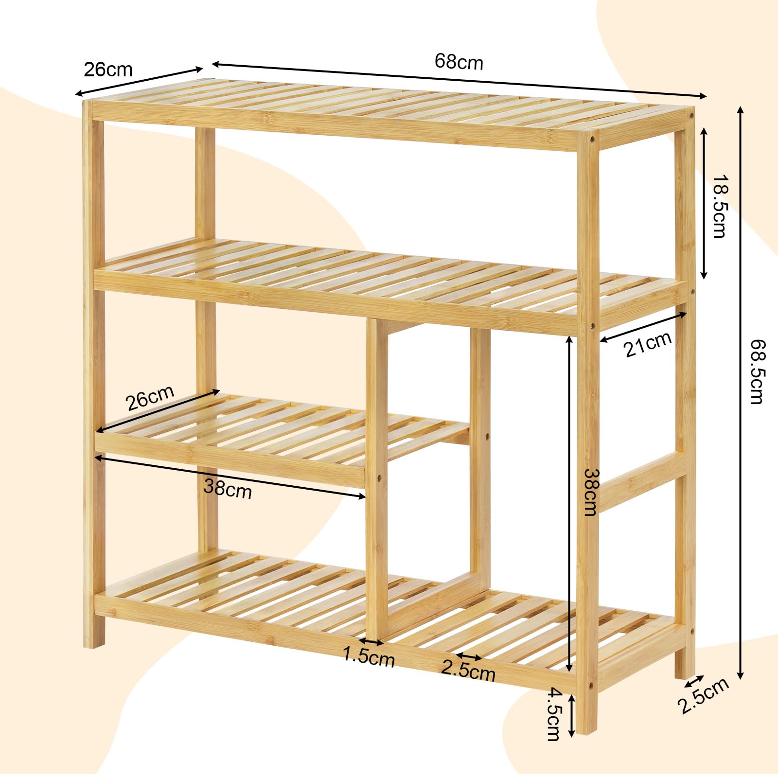 WOLTU Scarpiera in Bambù, Scarpiera a 4 Livelli, Scaffale per Piante Portascarpe, Scaffale in Bambù per Ingresso, Corridoio, Bagno, Balcone, Traspirante, 68x26x68,5 cm