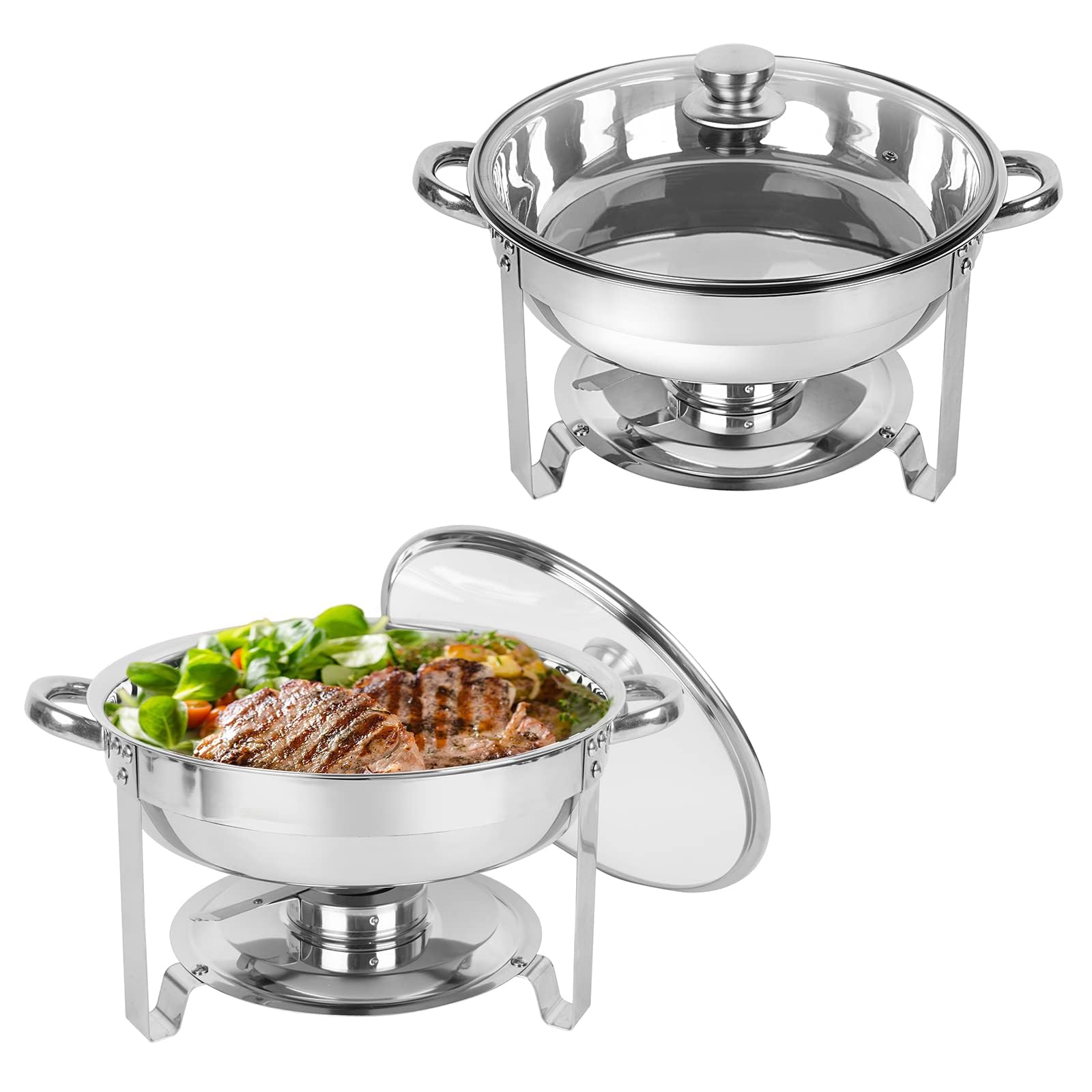 Dorany Chafing Dish Buffet Set of 2, 5QT Round Stainless Steel Chafer for Catering in Glass Lid, Chafers and Buffet Warmer Sets w/Food & Water Pan, Frame, Fuel Holder for Serving Event Party Holiday