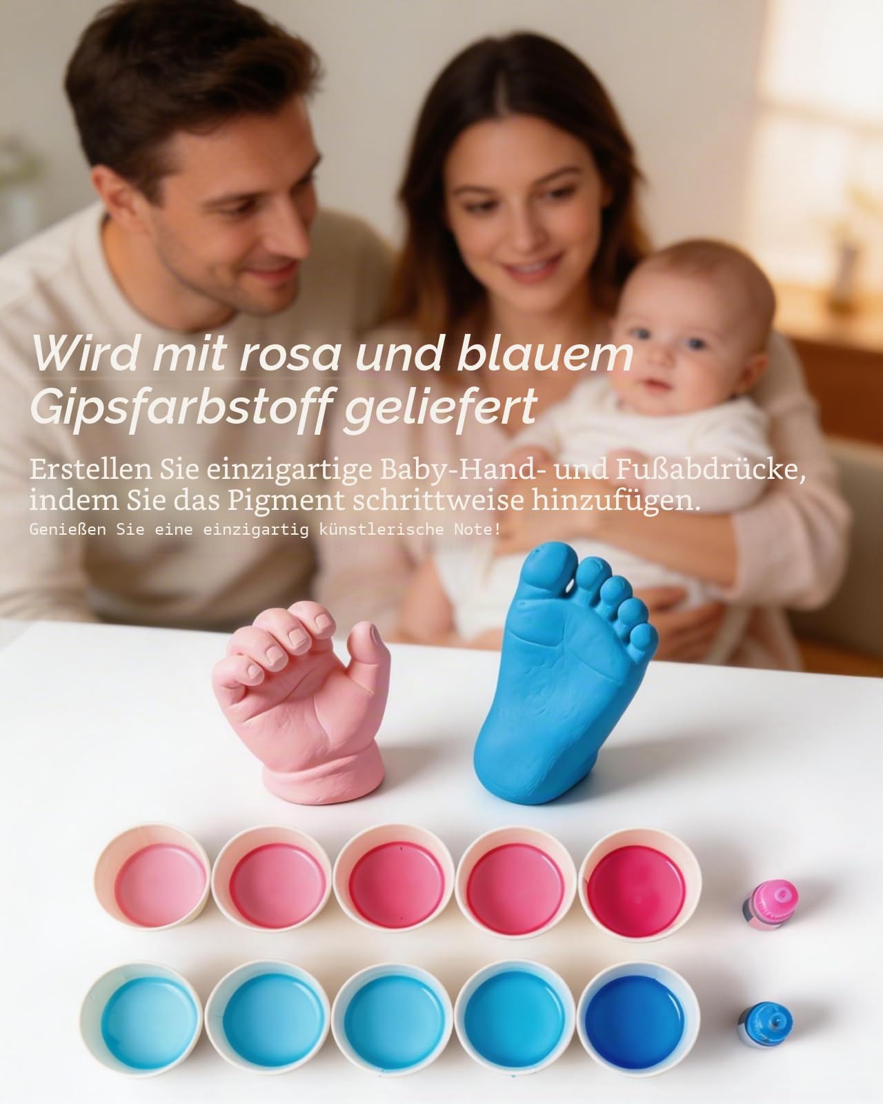 3D-Baby-Guss-Set, Fußabdruck und Handform, Rosa und Blau, mit Holzsockel, personalisiertes Geschenk für Neugeborene, für Jungen und Mädchen, 0-9 Monate