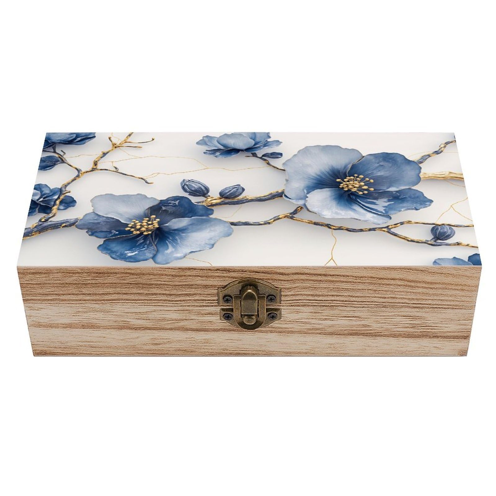 HLBSDM Blue Floral Branch Vintage Wooden Keepsake Box with Hinged Lid And Locking Clasp, Decorative Storage Box for Jewelry, Trinkets And Small Accessories, Organizer for Home Or Wedding
