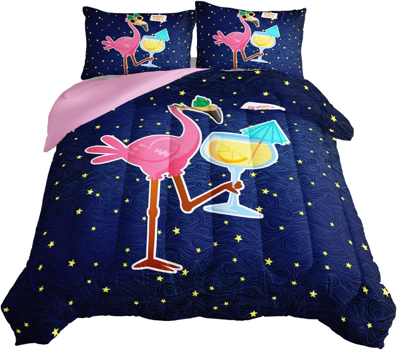 HOSIMA Flamingo Bedding Comforter Queen Size,Holiday Style Flamingo and Stars