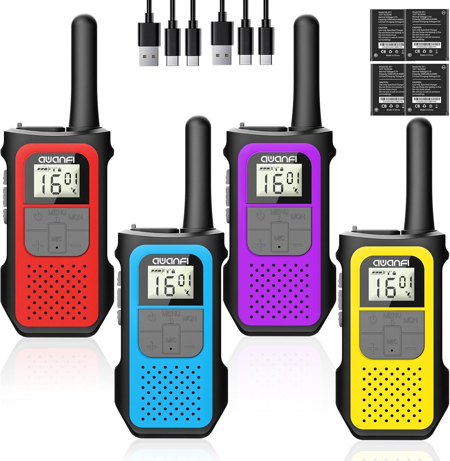 AWANFI Walkie Talkies for Adults Kids, 4 Pack Rechargeable Walkie Talkies with 1200mAh Battery, Long Range 16 Channels Radios, Walky Talky with USB-C Cable, VOX-Hands free for Outdoor Camping Hiking — view 14