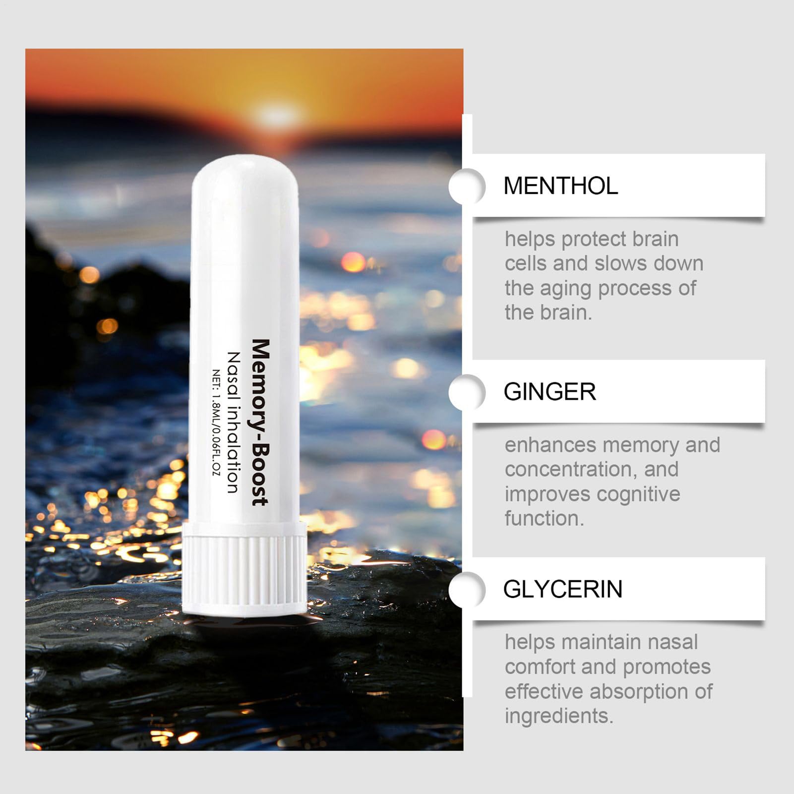Memory Boost przenośny inhalator z przyssawką do nosa, dyfuzor do aromaterapii, świeże powietrze, miękkie składniki, kojący, 1,8 ml, do oddychania