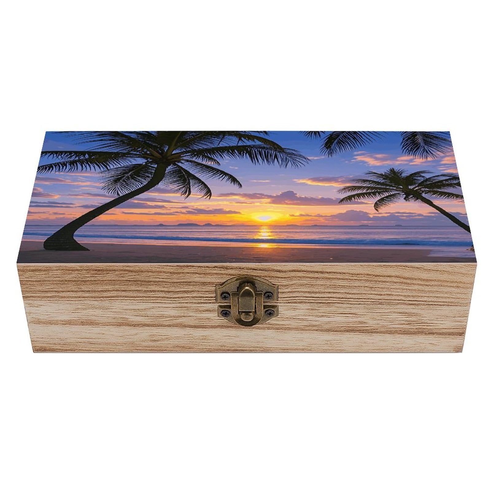 VstaDank Palm Tree Sunset Wooden Storage Box Decorative Jewelry Case with Lids Exquisite Wood Box Letters Gifts Acacia Wood Boxes Fashion Wooden Keepsake Boxes for Men Women