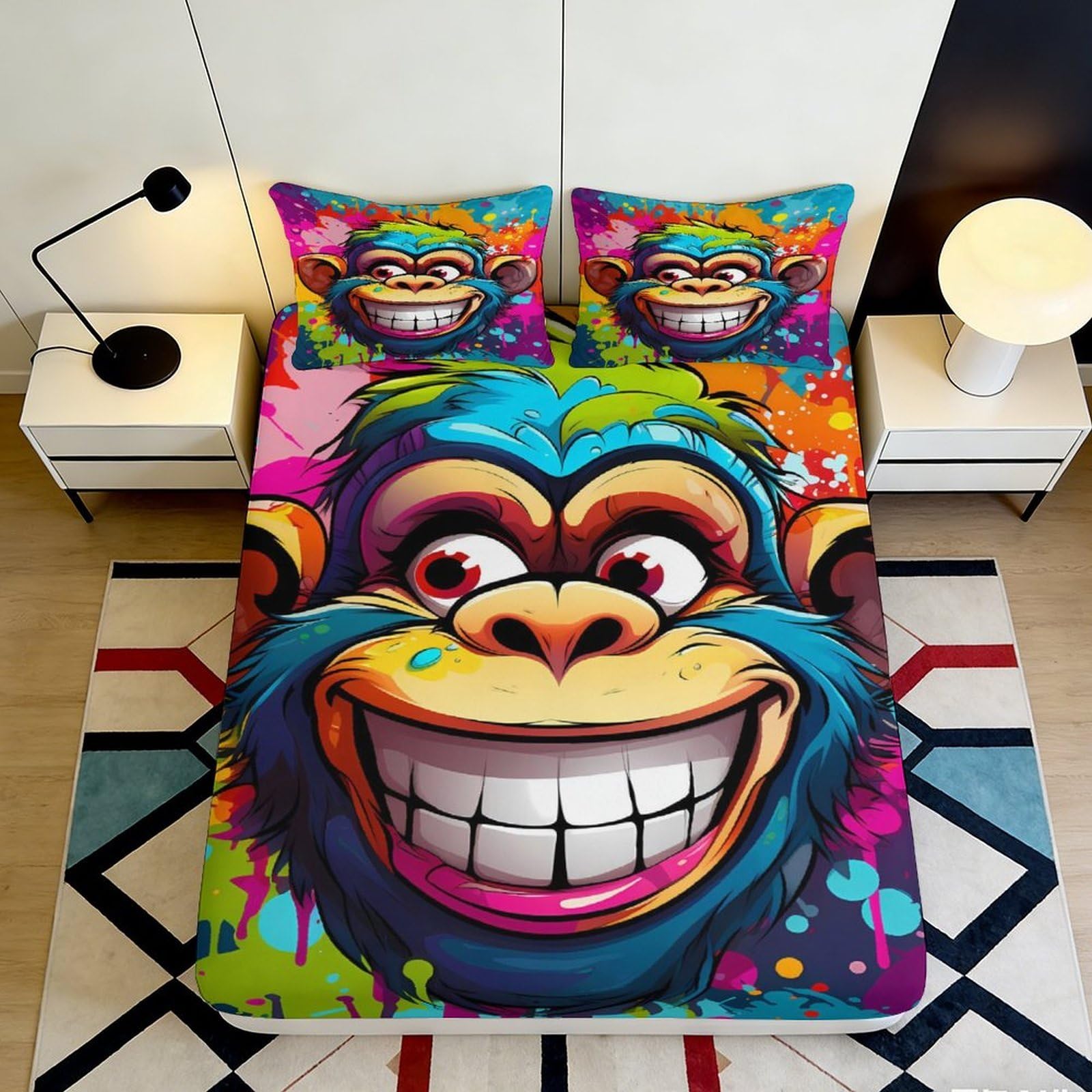3D Printed Graffiti Monkey Fitted Sheet Microfiber Deep Pocket Non-Slip Bedroom Bedding Graffiti Monkey Mattress Fitted Cover Washable 140x200x25cm