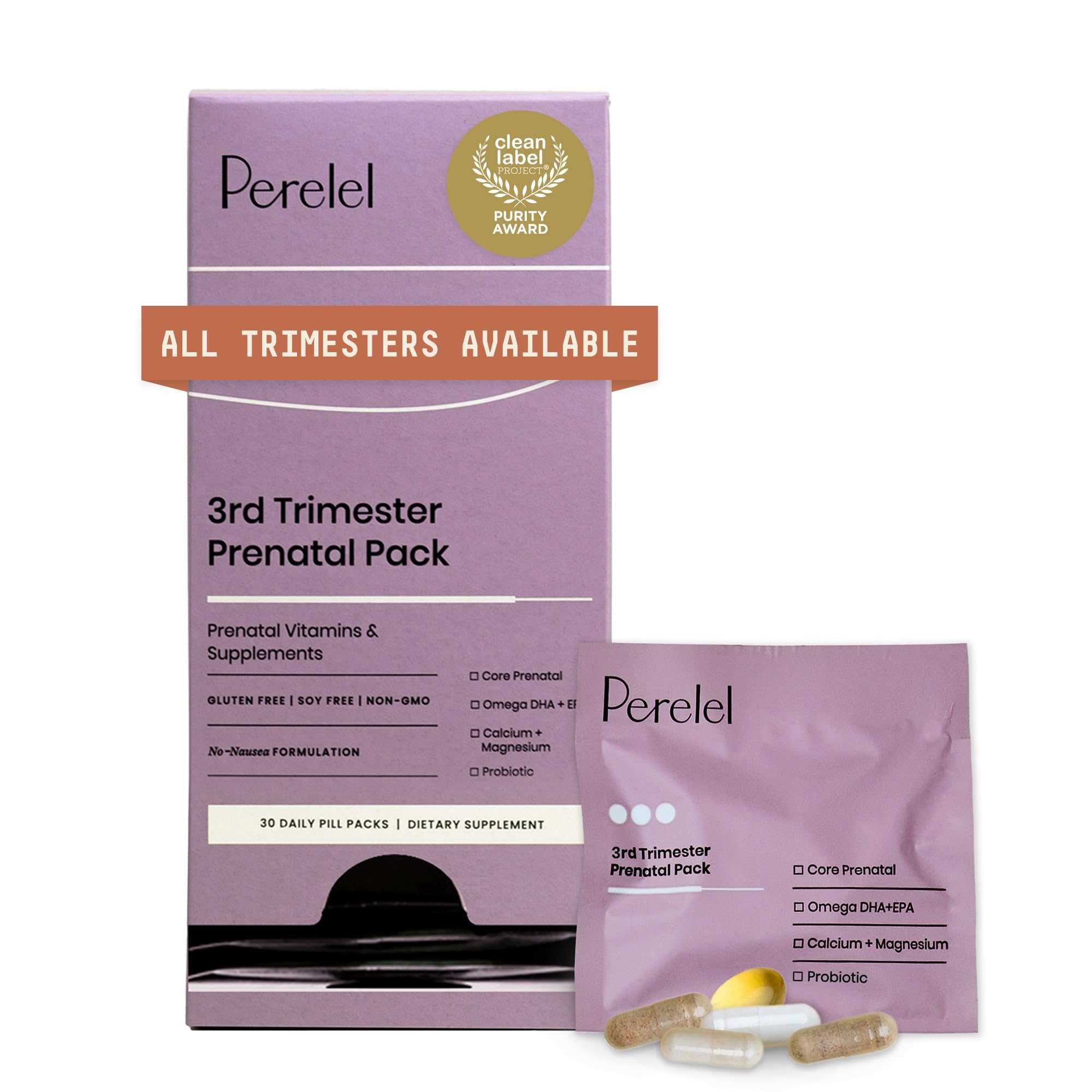 Perelel 3rd Trimester Prenatal Pack Multivitamin with Magnesium Omega 3 Probiotics Calcium Nutritional Support for Third Trimester Wellness