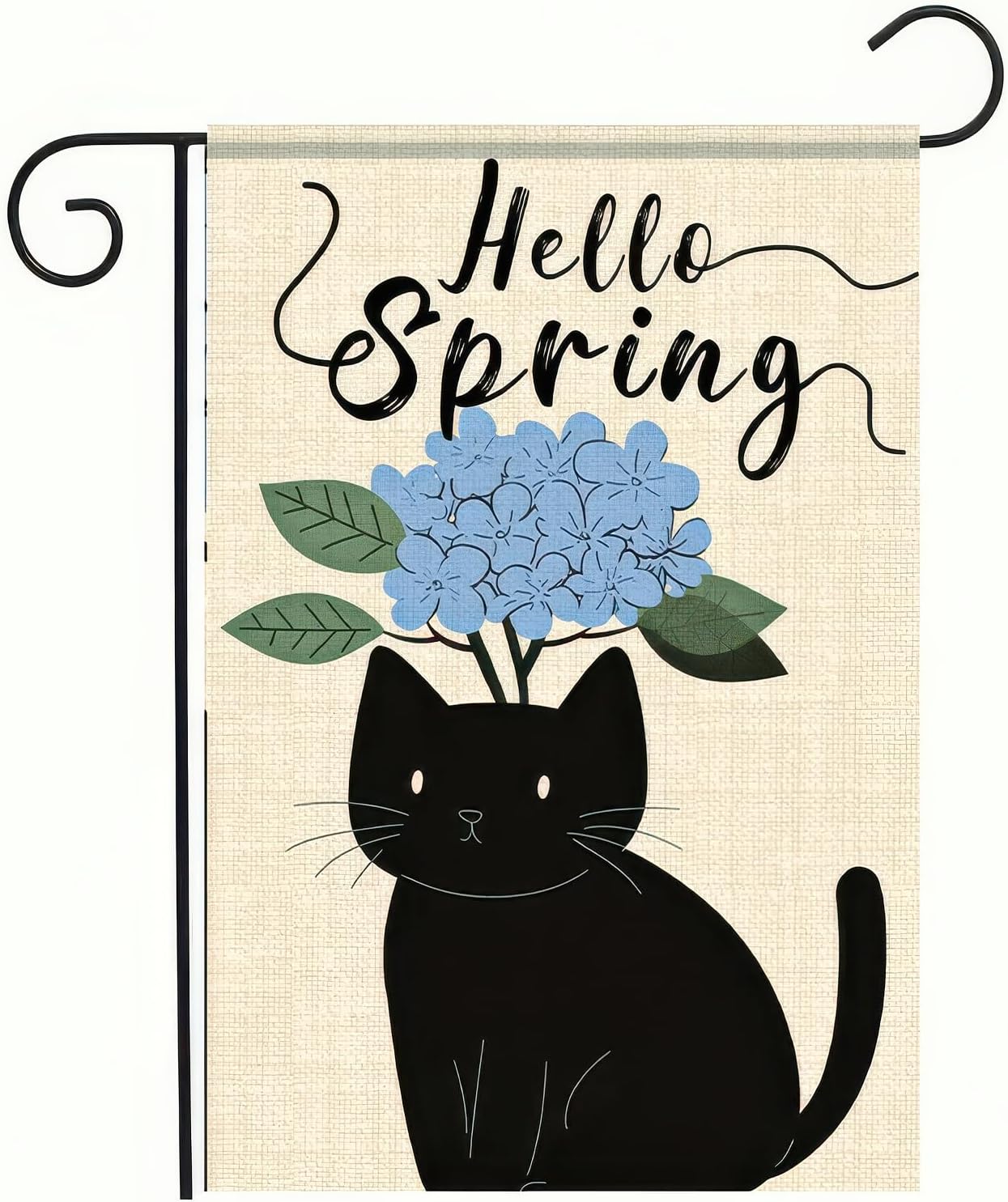 Hello Spring Garden Flag 12x18 Inch Double Sided Black Cat Floral Yard Flag Spring Outdoor Decor for Porch Patio Lawn Welcome Garden Flag Seasonal Hydrangea Flower Yard Decoration