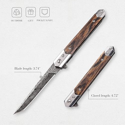 Miniatura 6 de Tops Home EDC - Cuchillo de bolsillo para hombre, cuchillos plegables delgados con funda, hoja Tú, mango de madera, cuchillo de caballero de perfil