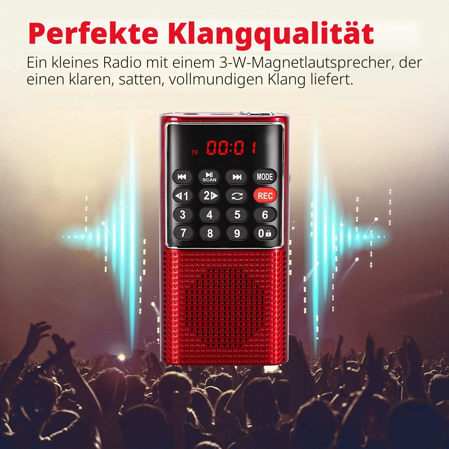 PRUNUS J-328 Taschenradio FM/UKW, Digital Radio Klein mit Rekorder, Kofferradio Mini Radio mit Akku Wiederaufladbarer, SD/TF/AUX MP3-Walkman Fm Radio, Tastensperre zum Joggen, Wandern, Reisen(Rot)