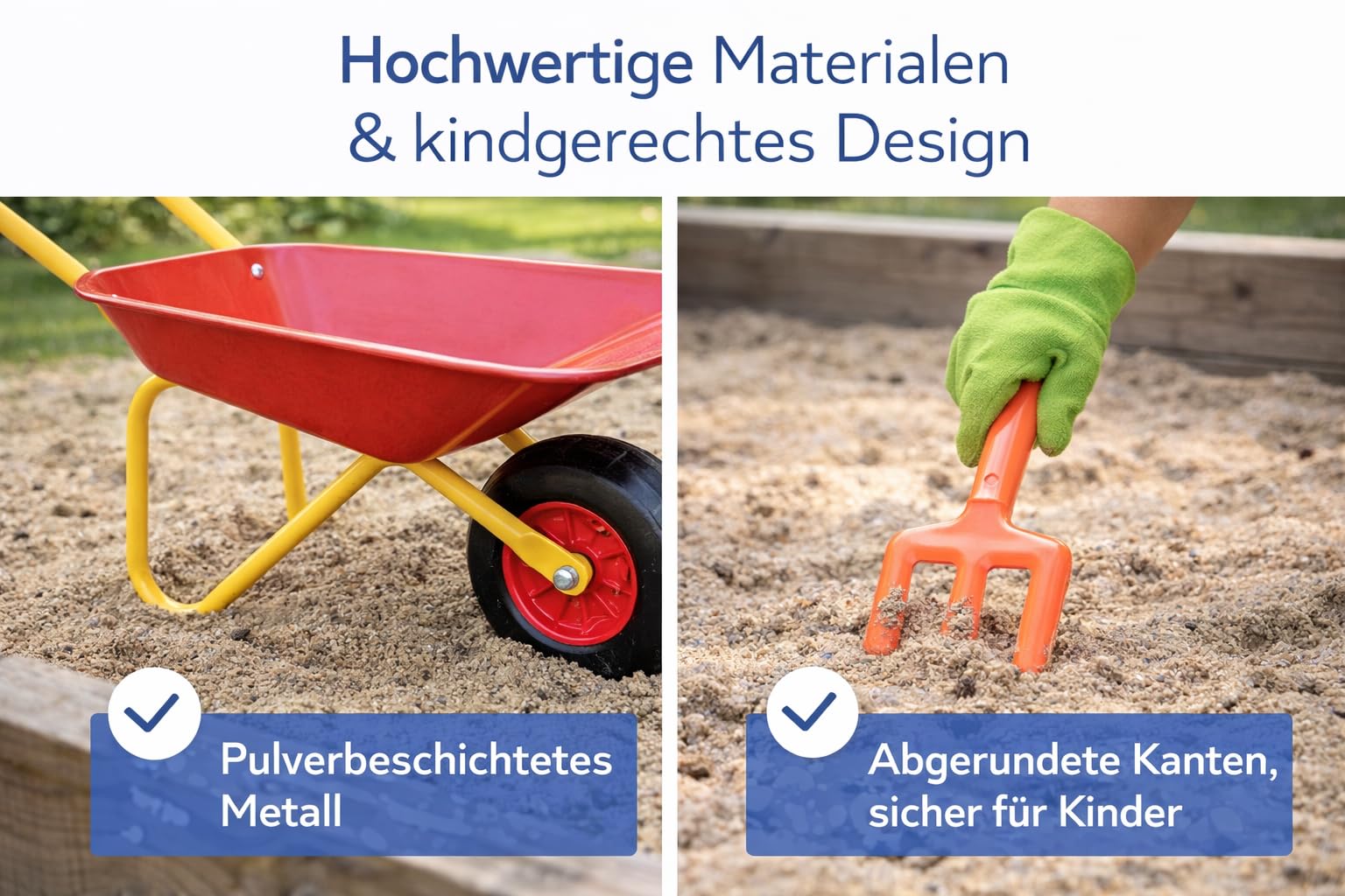 Kinder Schubkarren Set 7-Teile Metall & Holz Gartenspielzeug mit Schubkarre, Schaufel, Harke, Forke, Gießkanne & Handschuh stabile Spiel-Schubkarre rot/gelb Outdoor Spielzeug für Kinder ab 3 Jahren