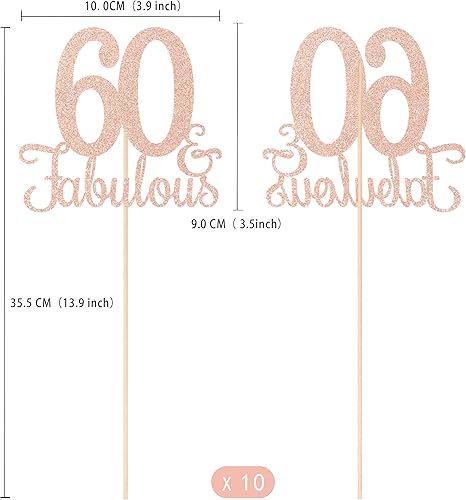 Miniatura 2 de 60 y fabulosos, paquete de 10 centros de mesa de cumpleaños de 60 cumpleaños de doble cara con purpurina de oro rosa para mesas, decoración de mesa