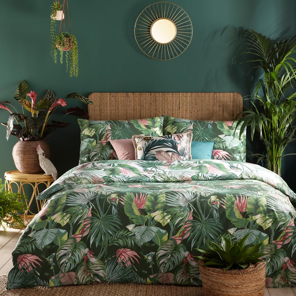 Furn. Jade Amazonia Rainforest Reversible Duvet Cover Set – Tropical Jungle Print With Wildlife & Botanicals (Single, Green)