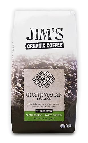 Jim's Organic Coffee Lago Guatemalteco de Atitlán Origen único, tostado medio Bolsa de grano entero de 12 onzas