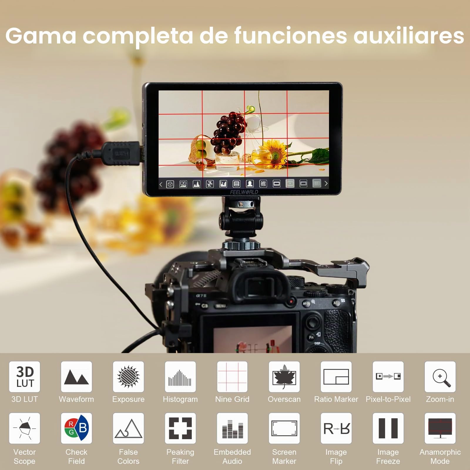FEELWORLD P6XL 6 pulgadas 1200 nit Monitor de campo para cámara de pantalla táctil, batería integrada 3000 mAh, monitor de cámara CNC, entrada/salida HDMI 4K Full HD 1920 x 1080P, monitor LUT 3D