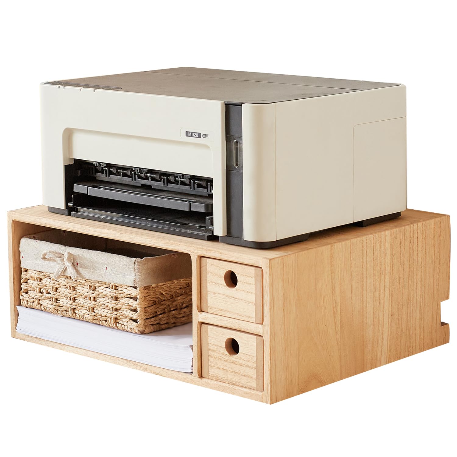 KIRIGEN Solid Wood Printer Stand with 2 Drawers & Open Compartment, Desk Tidy Organizer for A4 Paper, Office Supplies & Power Strip Storage, Wooden Printer Table for Home Office(DYJG-NA)