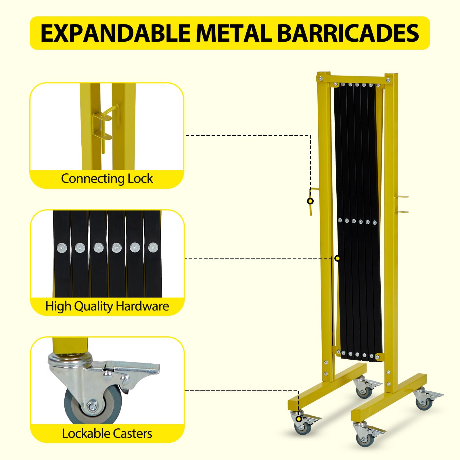 Garvee Barriera di sicurezza industriale espandibile in metallo, 3 m, portatile, con scheda di avvertimento e rotelle, recinzione retrattile per traffico, barriera di sicurezza mobile, cancelletto di