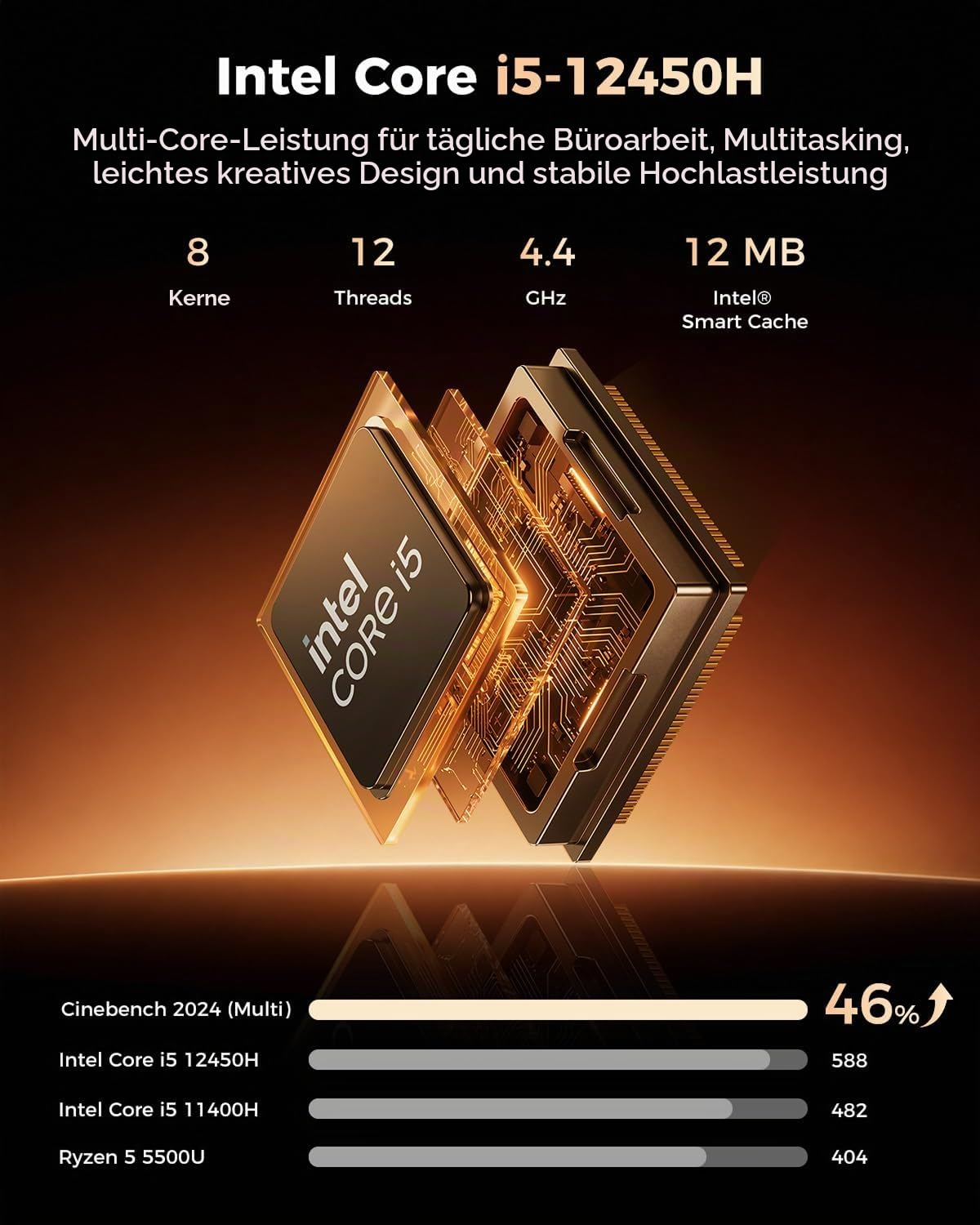 CTONE Mini PC Büro i5-12450H, 24GB RAM, 1TB SSD, Win 11 Pro,WiFi 6 | Bereit für moderne KI-Software – 24 GB LPDDR5 und bis 4,4 GHz für KI-gestützte Office-Aufgaben, Recherche und Multitasking.