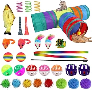 Cat Kitten Interactive Toys , Including Fluffy Mouse, 2 Way Hole Cat Tunnel, Feather Wand, Catnip Fish , Mice, Woven Springs , Colorful Crinkle Balls and Bells ,for Crinkle Cat Toys for Indoor Outdoor Playing