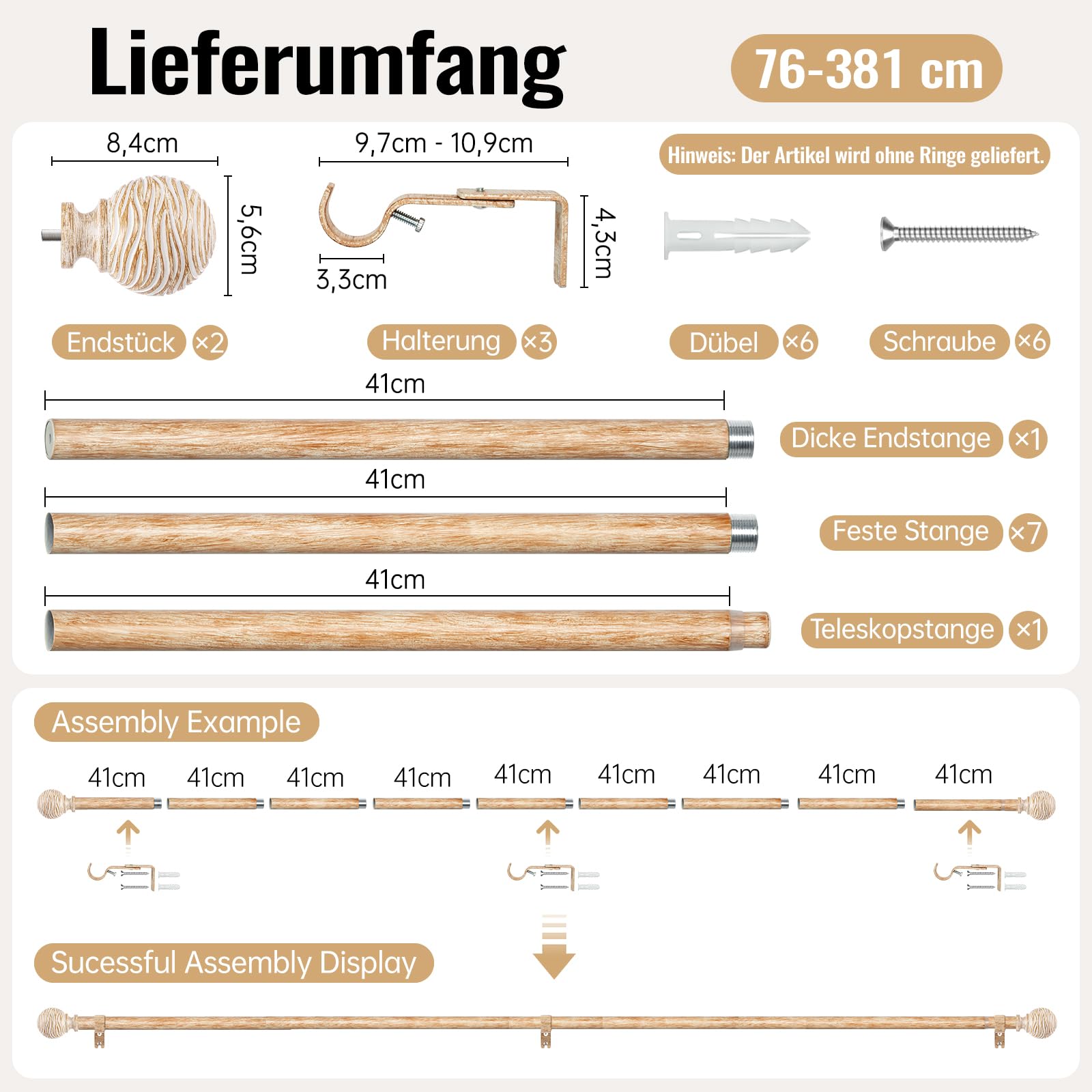 Gardinenstange Hellbraun 76–381 cm, Vorhangstange Ø 25 mm | Ausziehbare Vorhangstange, Metall mit Holzoptik, Wand/Deckenmontage