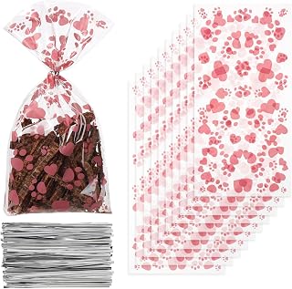 Comtim 100 Dog Treat Bags Pet Cellophane Bags for Dog Cat Treat Party | Pet Paw Heart print treat candy gift bags, ideal for Dog Cat Treat Party, widened sides for more solid, not easy to split