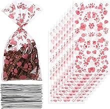 Comtim 100 Pieces Dog Treat Bags Pet Paw Heart Print Cellophane Bags with 100 Pieces Silver Twist Ties for Dog Cat Treat Party Favor, Pink