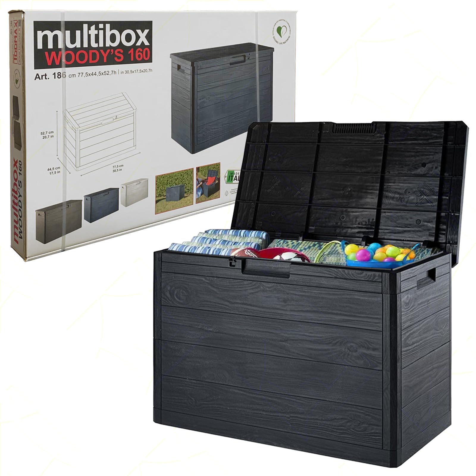 Sicignano Casalinghi Baule Multiuso Grande Portaoggetti Woody’s 160 Litri, Plastica Effetto Legno Dark Antracite – Adatto per Esterni Interni, Idoneo per Lucchetto, Facile da Montare, Made in Italy