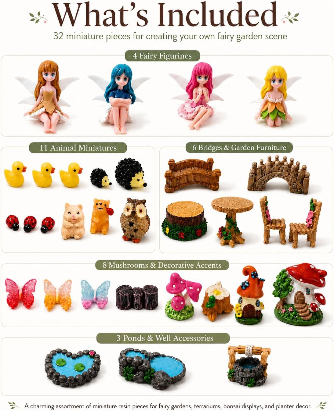 32 Pcs Fairy Garden Accessories Kit for Terrariums and Planters| Multicolored Resin Miniatures with Fairies, Animals, Mushrooms, Bridges, Pond, Well, and Table Set for DIY Decor