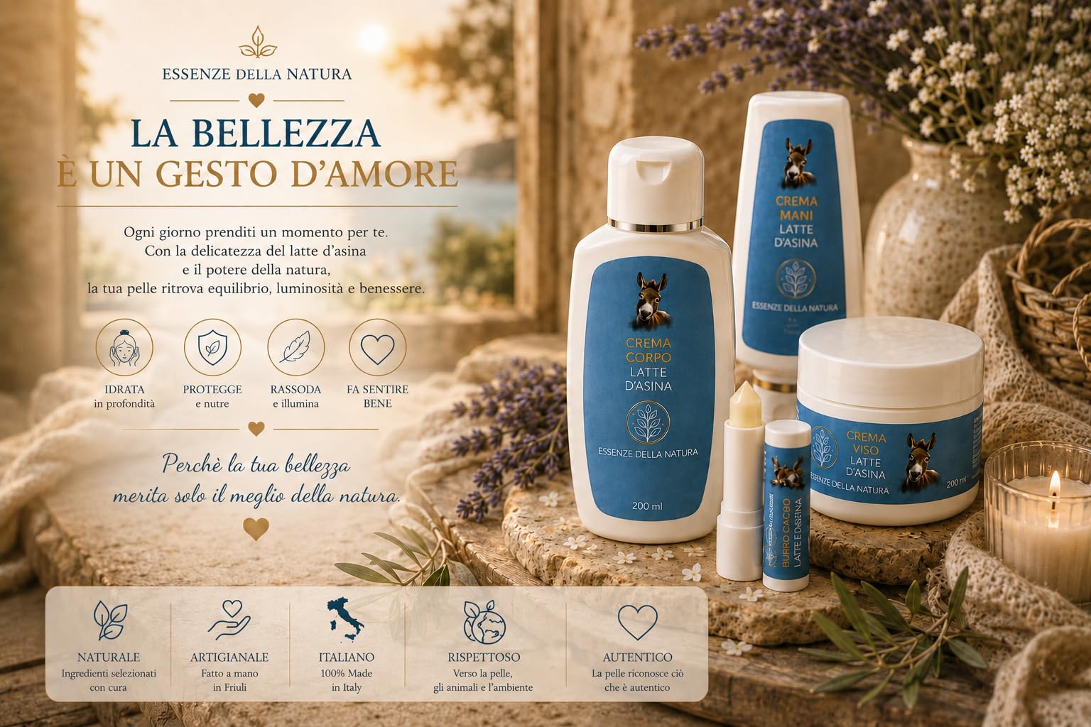 Cofanetto Box Regalo Creme Idratanti Artigianali Naturali al latte d'Asina - Crema Viso, Crema Corpo, Crema Mani e Stick Labbra - Set completo di prodotti per la cura delle pelle - Made in Italy